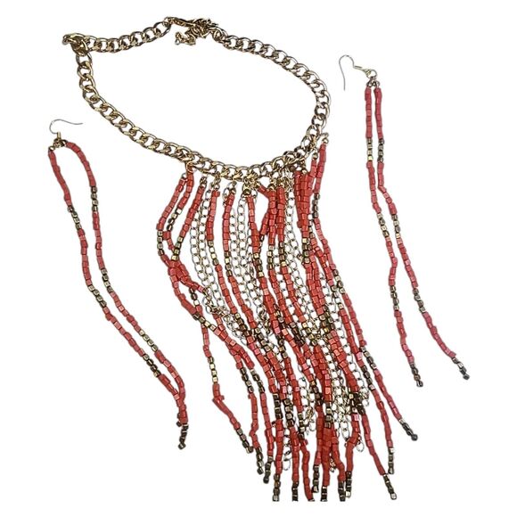Coral & Gold Tone Fringe Choker Statement Necklace & Earring Set 13-16" - Picture 1 of 8